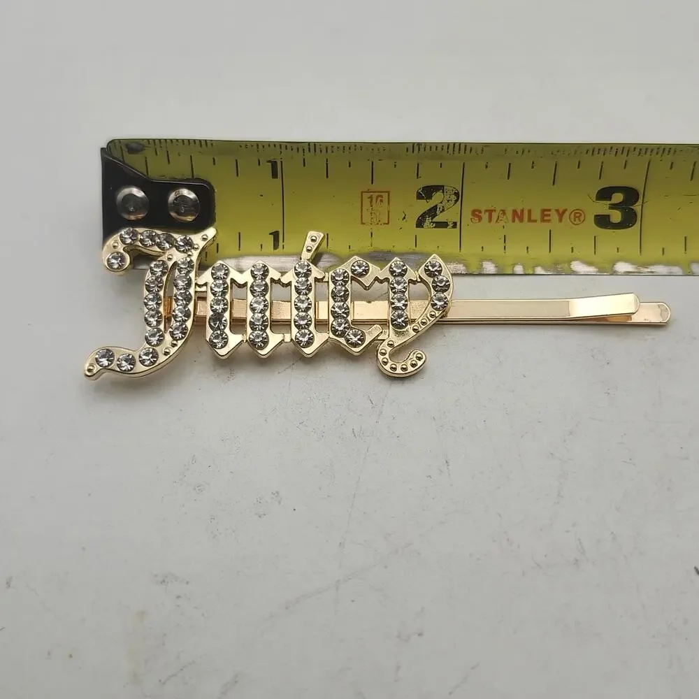 Juicy Rhinestone Hair Clip Gold Tone Gothic Script Barrette Bobby Pin Accessory